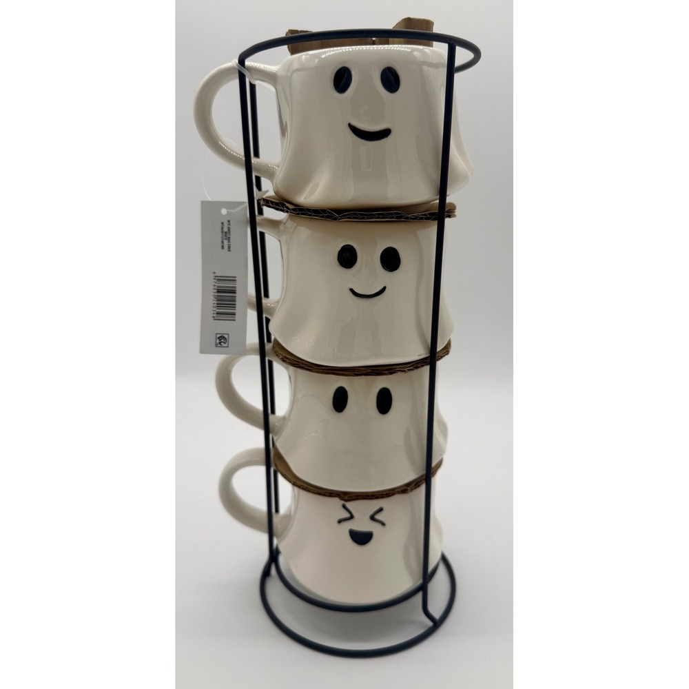 Way To Celebrate Ghost Mug Stack Set of 4 White Stoneware with Black Wire Rack